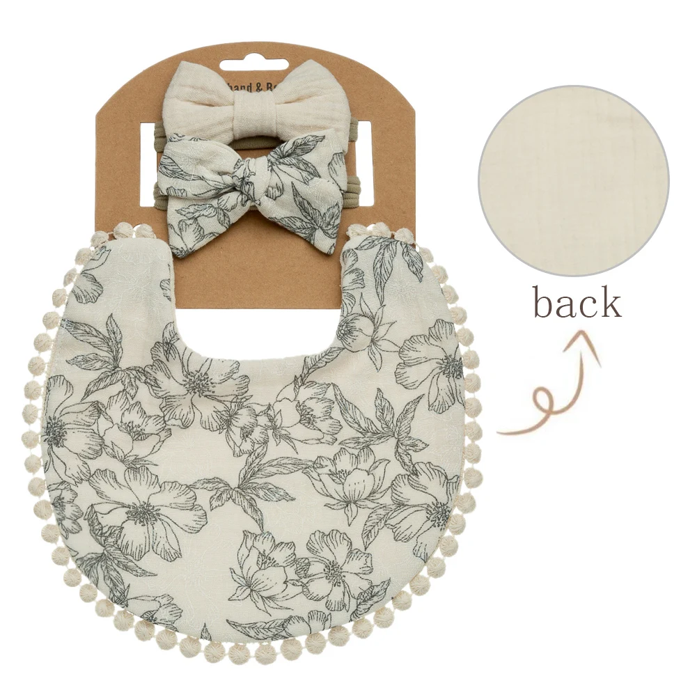 Bavoir floral et headband bébé 3 pièces tissu doux pompons décoratifs écharpe en coton style vintage coordonné