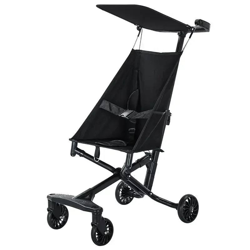 Poussette bébé légère et pliable urbaine 4 roues aluminium noir compacte portable moderne sécurité tissu Oxfor