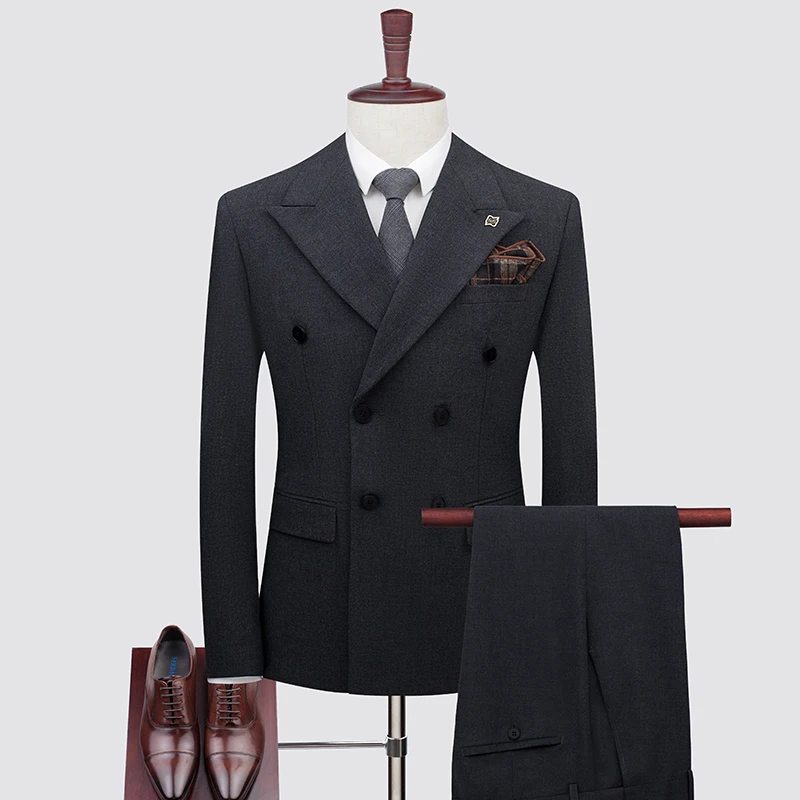 Costume homme formel double boutonnage gris foncé en laine mélange pour mariage événements professionnels élég