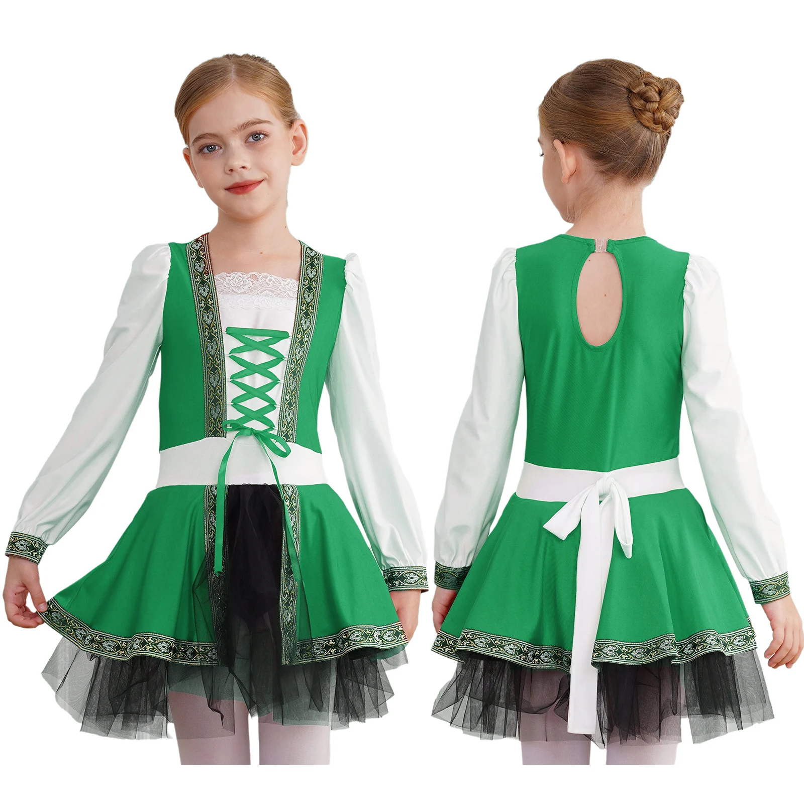 Costume de danse folklorique pour filles robe Renaissance verte manches