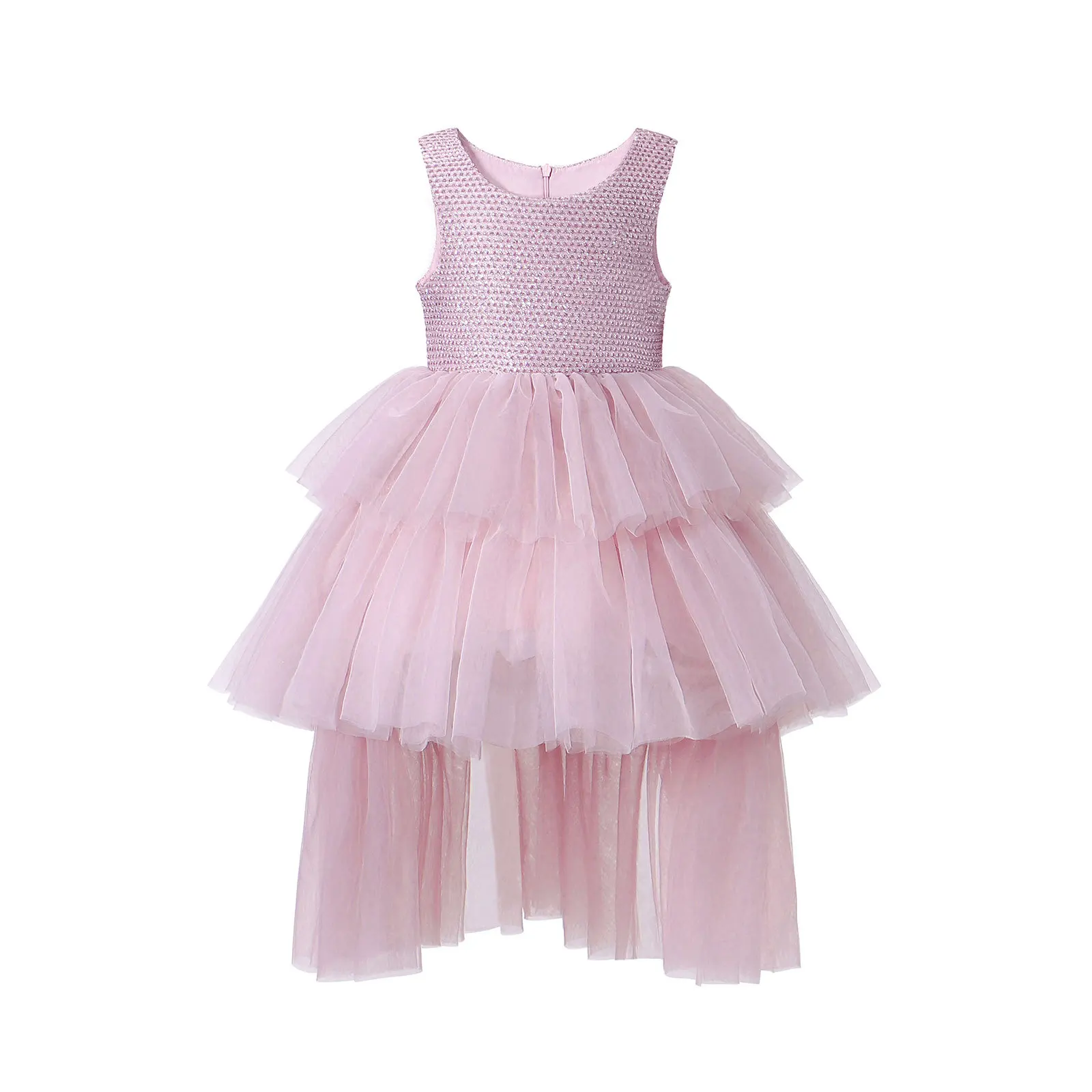 Robe de Soirée pour Bébé Fille en Tulle Rose Pâle Volants Évasés Fermeture à Glissière dos Idéale pour Mariage