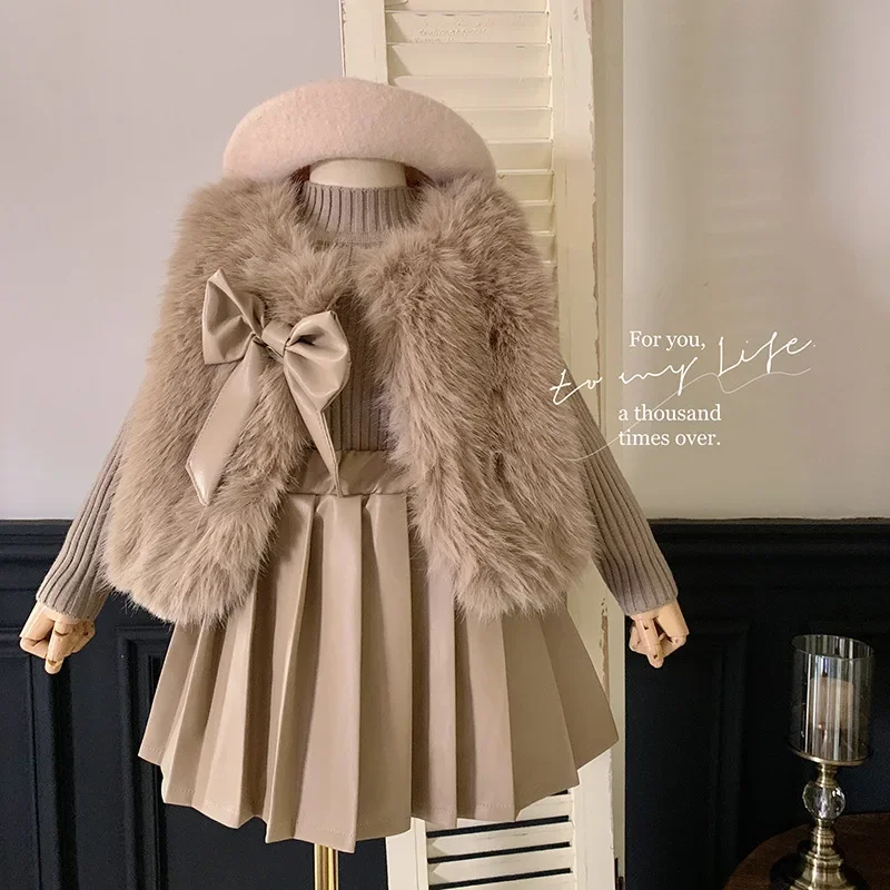 Ensemble vêtements bébé fille 3 pièces manteau fourrure haut tricot jupe cuir plissée hiver mode élégant confo