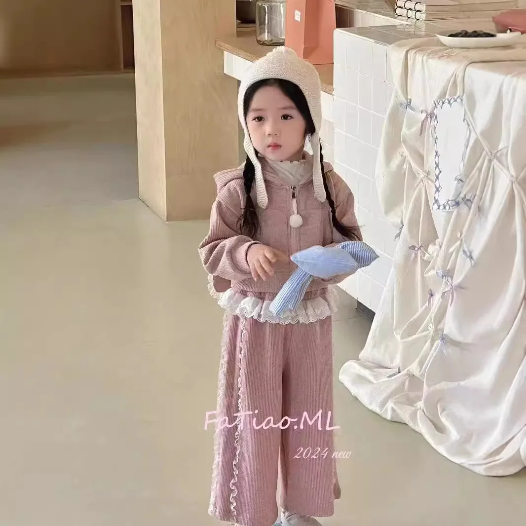 Ensemble haut à capuche en dentelle et pantalon à jambes larges pour filles – Tenue boutique 2 pièces pour béb
