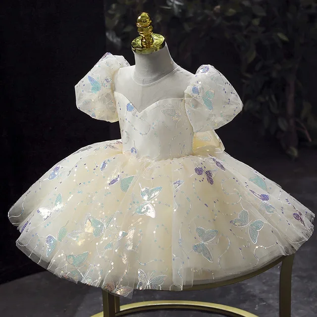 Robe princesse fille tulle satin appliqués papillons occasion spéciale anniversaire mariage fête enfant élégan