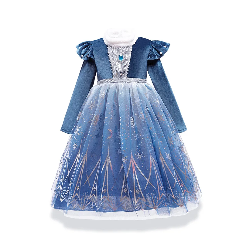 Robe princesse fée enfant fille robe longue tissu velour tulle étoiles manches courtes col fourrure anniversai