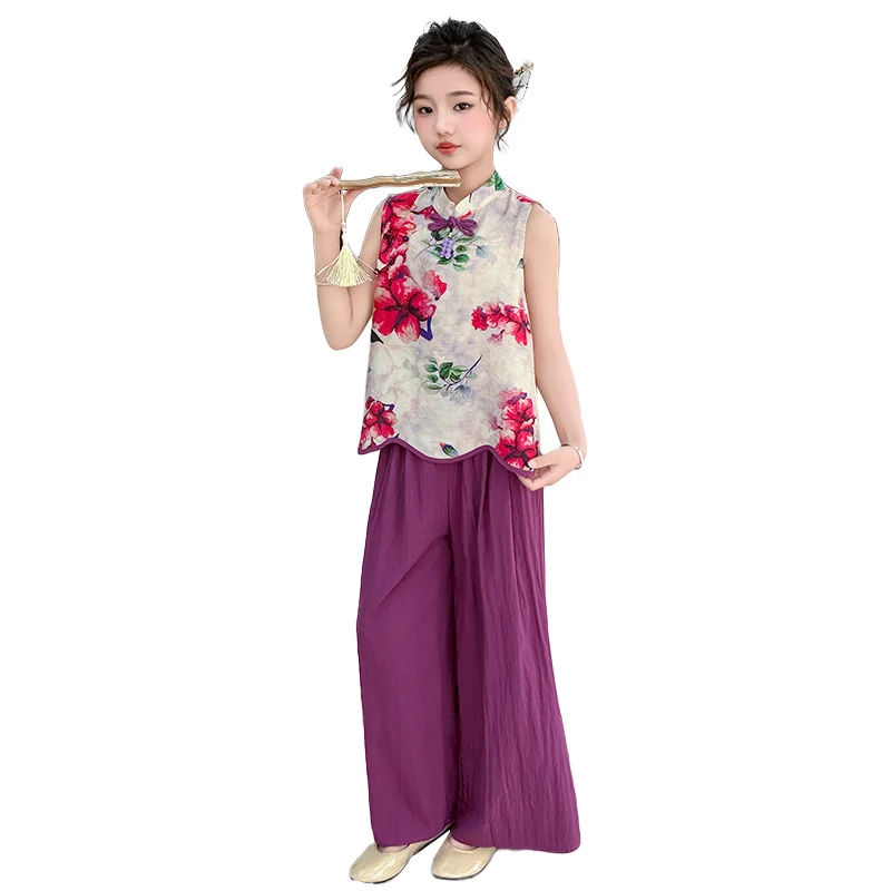 Ensemble vêtements bébé fille 2 pièces chemise sans manches pantalon jambes larges décontracté été 2025