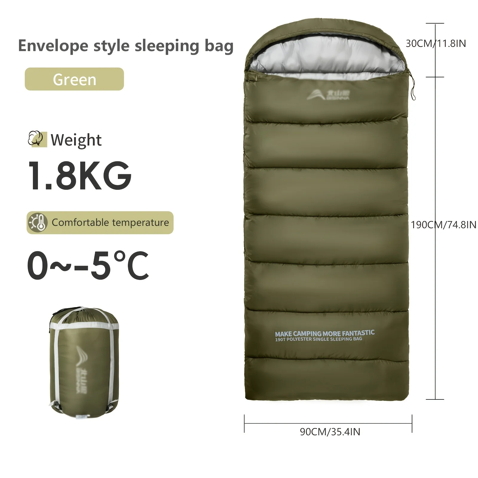 ALPS Sac de couchage enveloppe polyester vert olive fermeture à glissière camping randonnée isolation synthéti