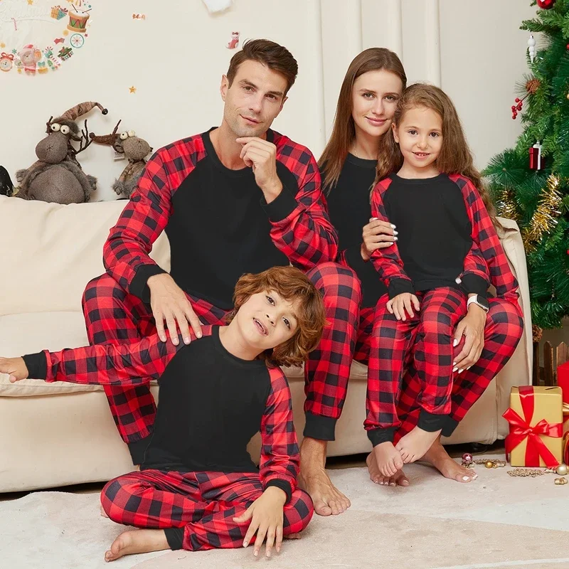 Ensemble pyjama de Noël en famille tenues assorties maman papa enfants style plaid uni noir 2 pièces confortab