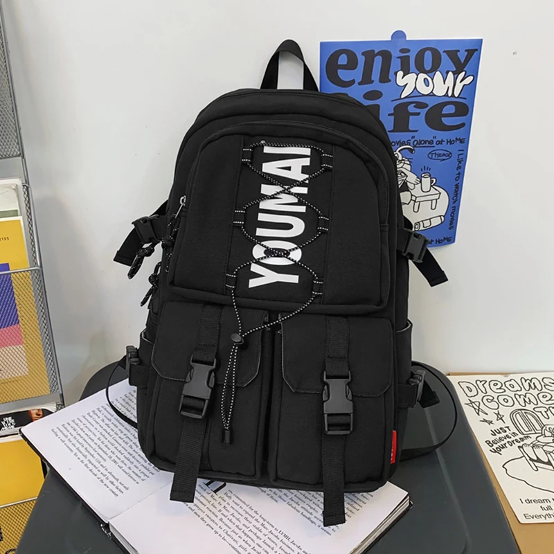 Sac à dos école Youmai nylon style préppy noir blanc poches multiples durable pratique