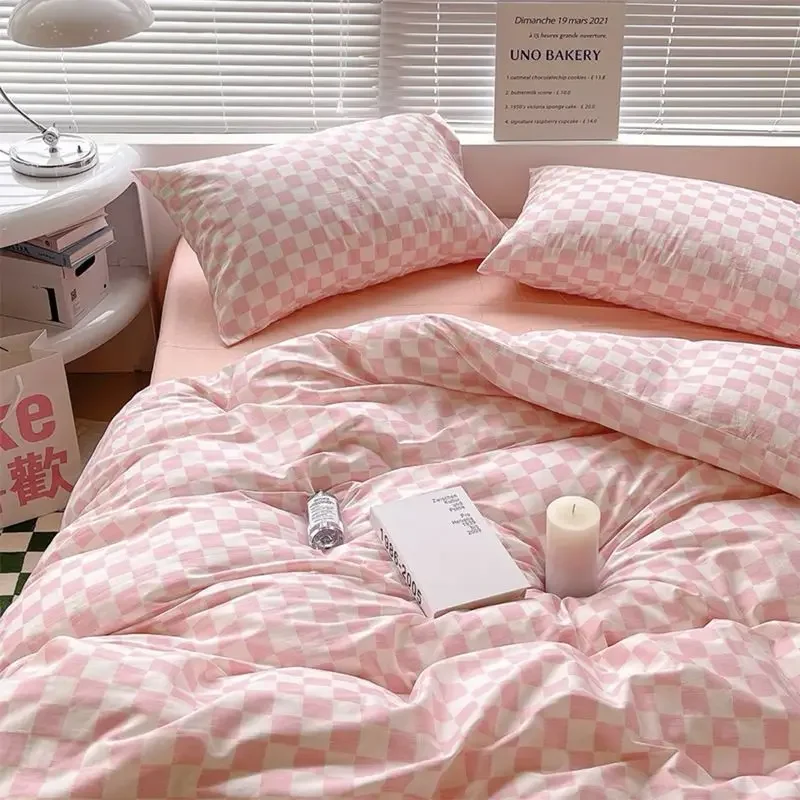 Parure de lit nordique damier rose noir housse de couette taie d'oreiller drap de lit bébé filles style kawaii