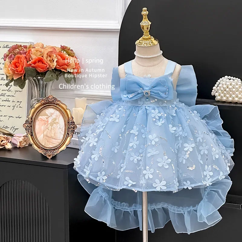 Robe d'été pour filles style Lolita tulle floral robe princesse occasion spéciale 46 ans bleu pastel accessoir