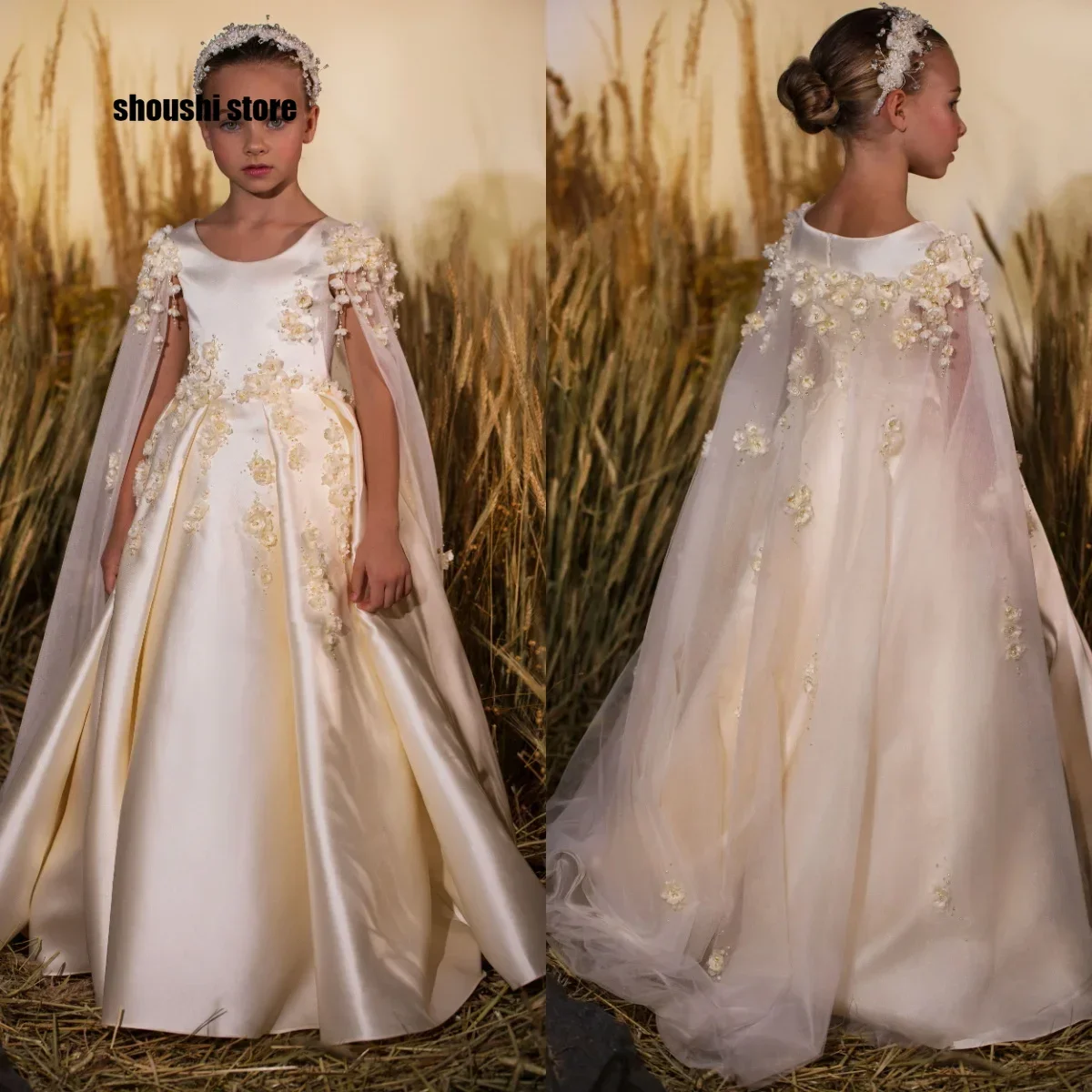 Robe de fête pour filles motif floral beige en satin avec appliques et paillettes mariage anniversaire photo p