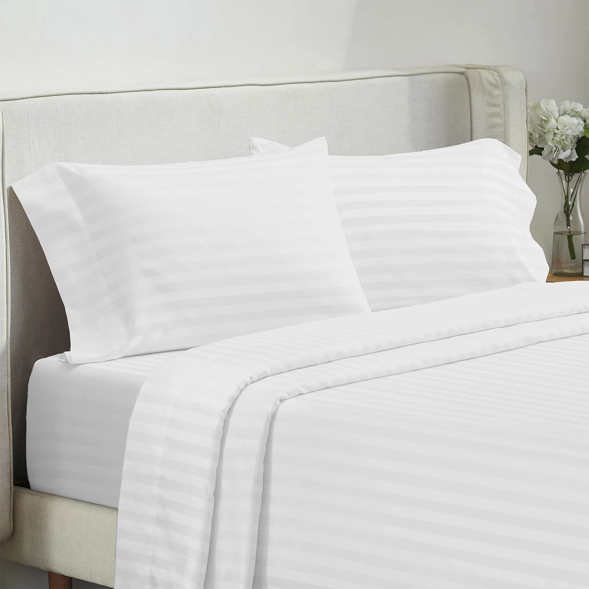 Battilo – ensemble draps de lit luxueux drap plat avec taies d'oreiller rayures ton sur ton blanc lit double 3