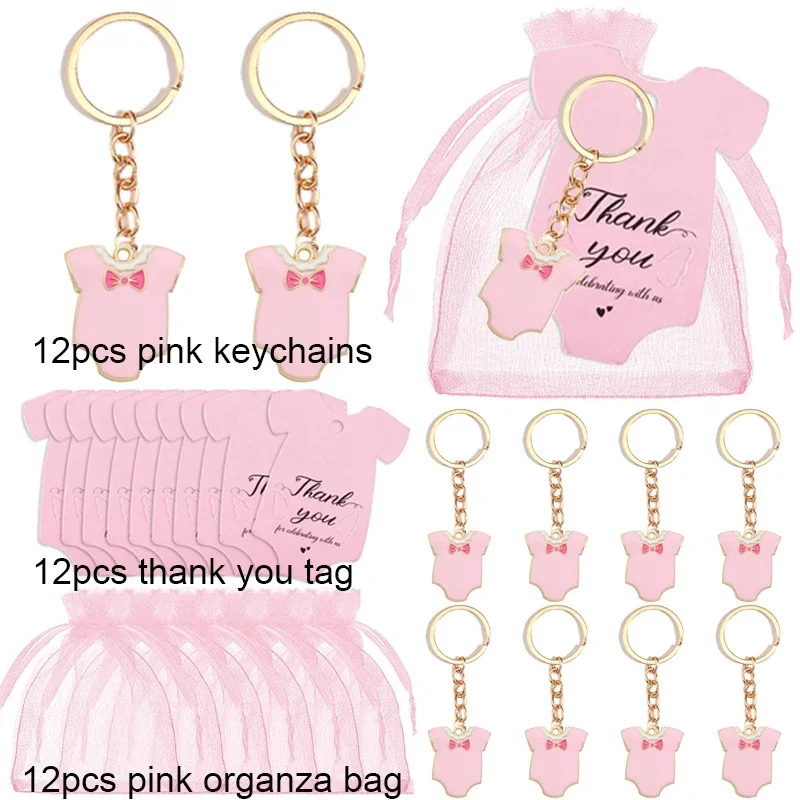 Ensemble de 12 porteclés bébé en plastique rose avec étiquettes remerciement et sac organza cadeau baby shower