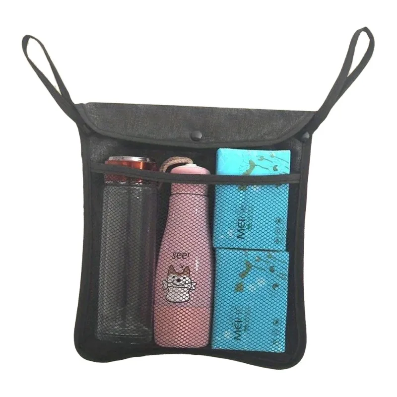 Filet de rangement pour poussette en mesh noir sac de rangement universel avec fermeture à boutonpression poig