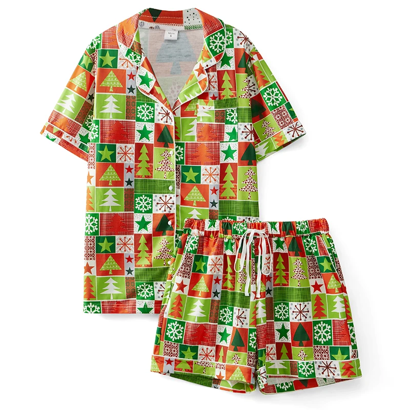 Pyjama de Noël pour la famille manches courtes ensemble chemise et short style festif coloré confortable pour
