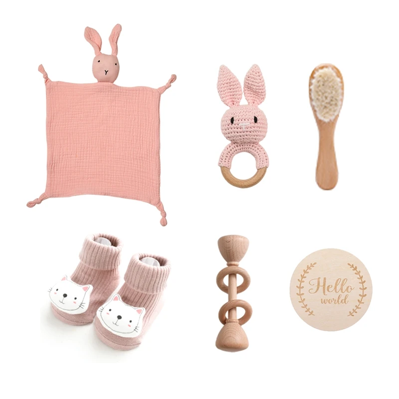 Ensemble de jouets de bain en coton double face hochet en crochet anneau en bois et brosse à bain pour bébé id