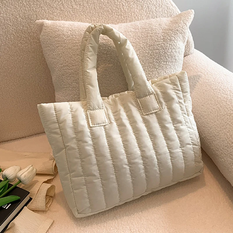 Sac à main tote rembourré coton polyester femme grande capacité style décontracté élégant blanc crème matelass