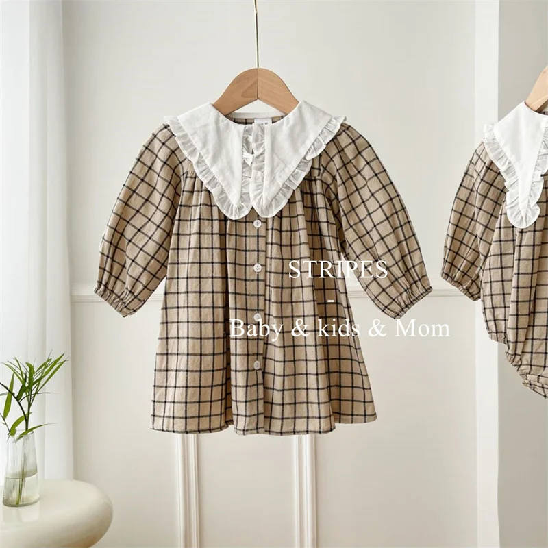 Robe bébé fille à carreaux look maman fille coton doux col roulé vêtement printemps automne naissance enfant s