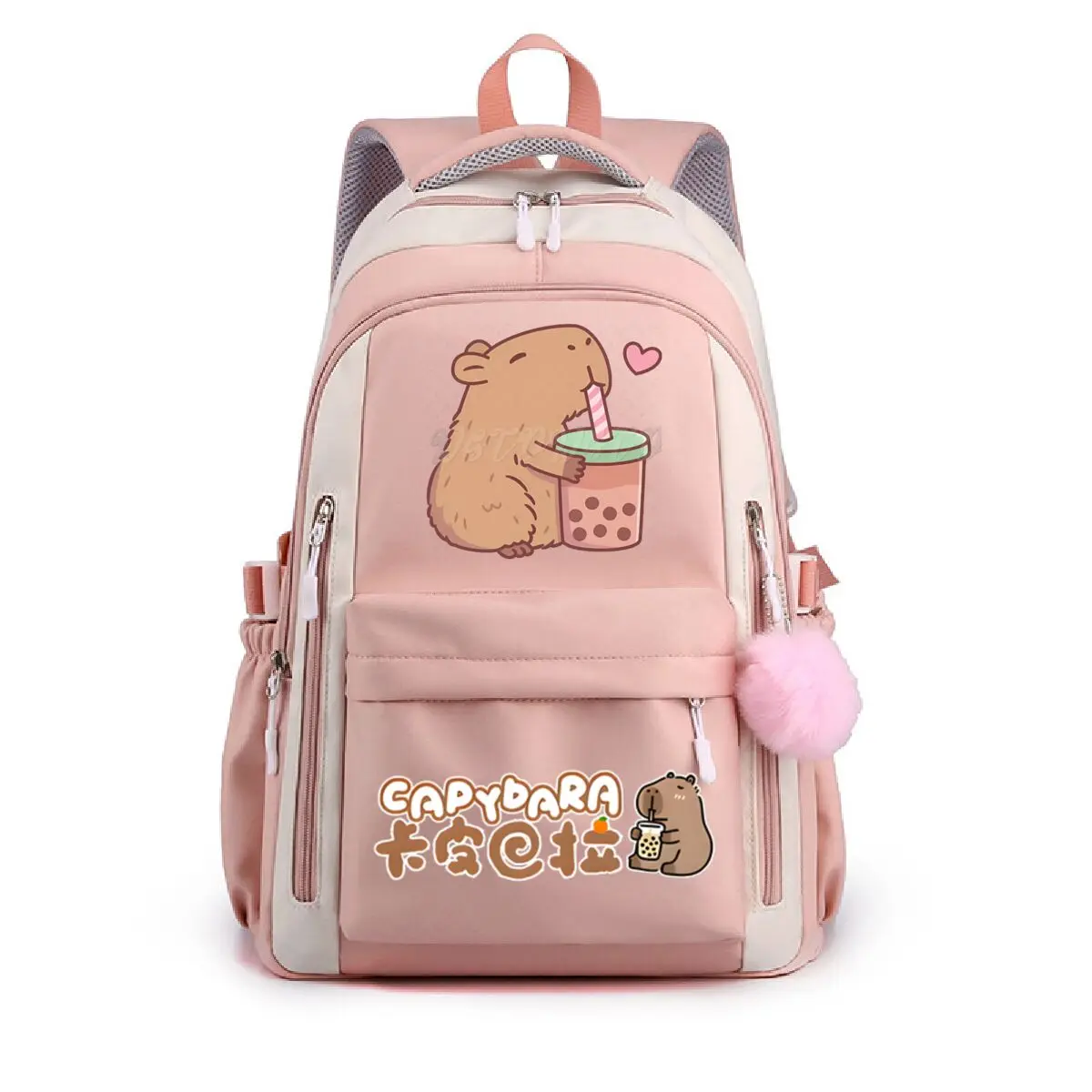 Sac à dos école filles mignon capybara bubble tea imprimé rose