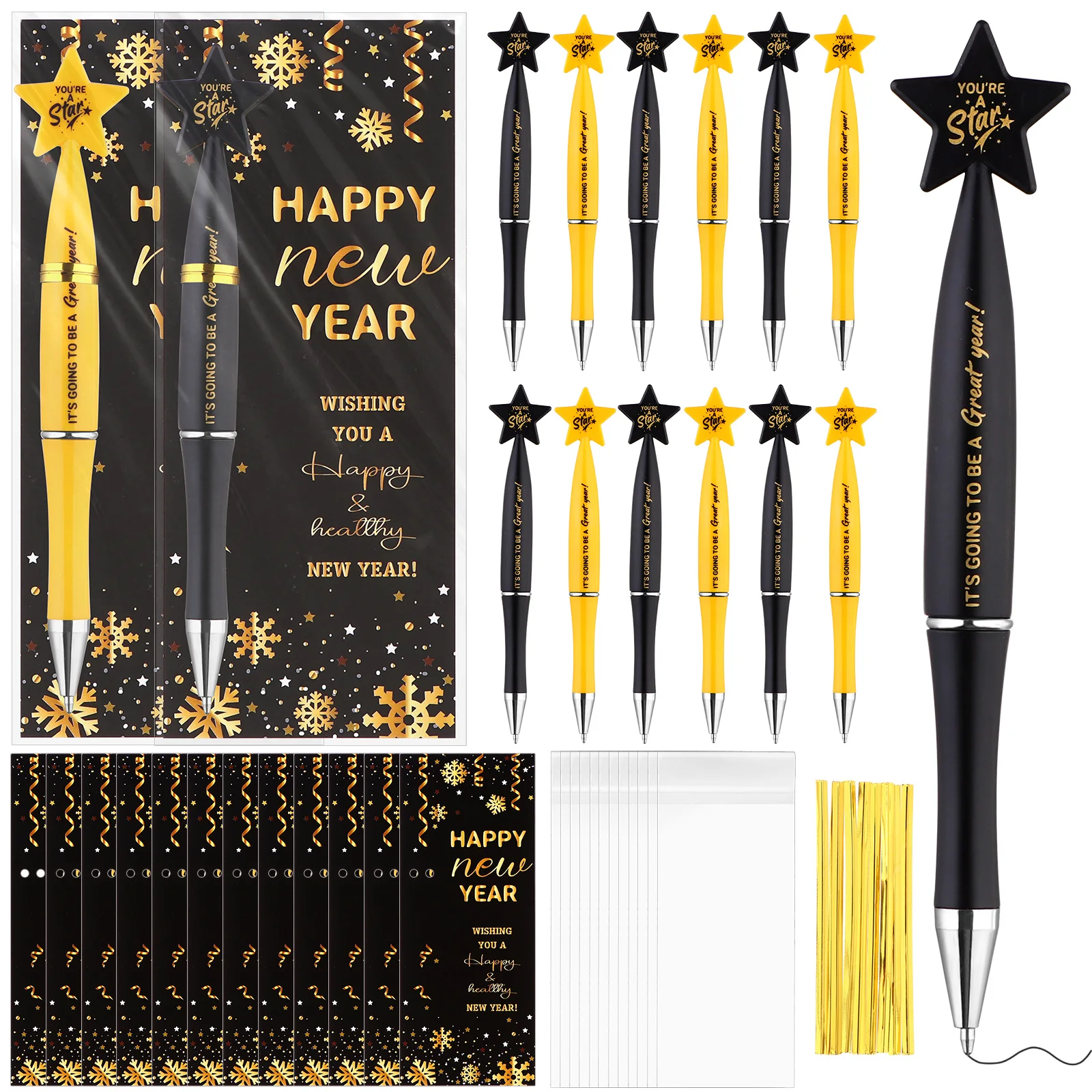 Ensemble cadeaux Nouvel An 24 pièces stylos étoiles cartes bénédictions sacs opp dorures fêtes célébrations ad