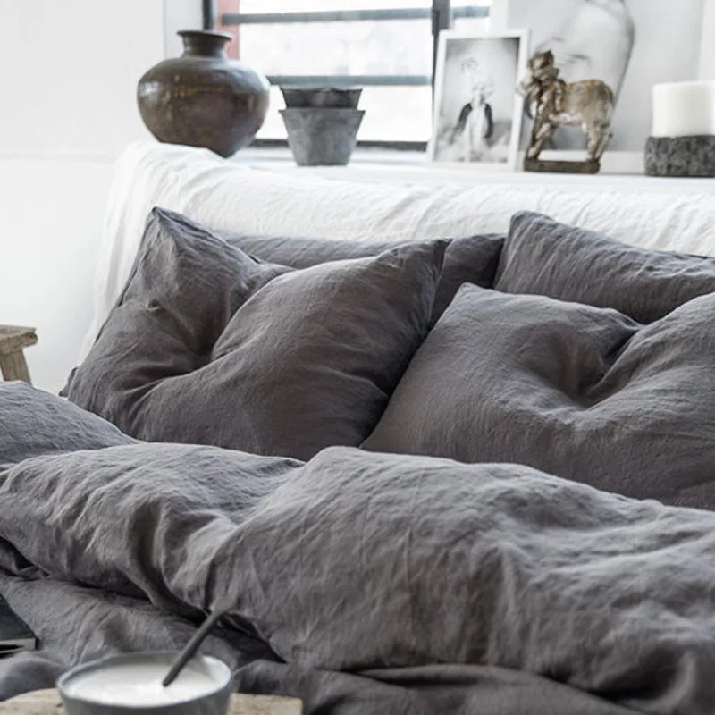 Taies d'oreiller 100% lin pur pour bébé couches poussettes 2 pièces 48x74cm couleur unie dark grey accessoires