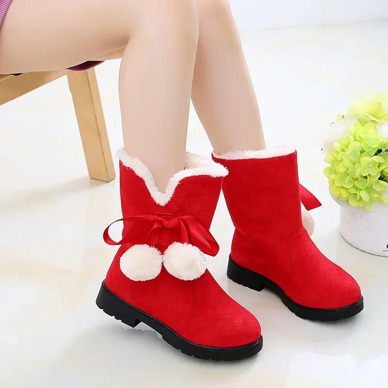 Bottines filles imitation suède hiver doux confortable pompons blancs chaussures d'hiver enfant fille style cu