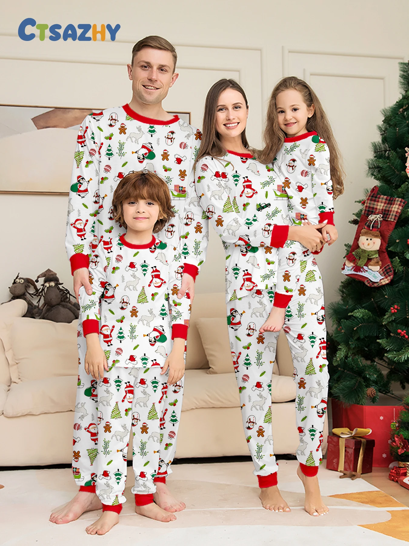 Ensembles de pyjama de Noël en famille - Rouge - Conception à carreaux verts avec motifs d'élan, confortables 