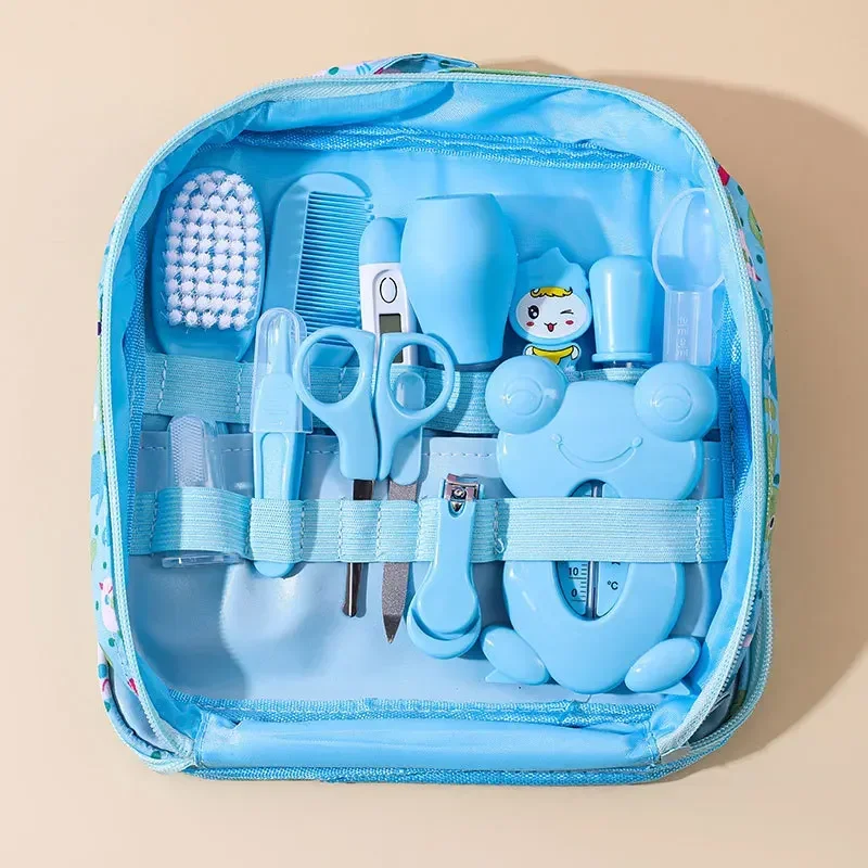 Ensemble de soins bébé 13 pièces brosses thermomètre coupeongles design moderne 01 ans trousse bleue kit hygiè