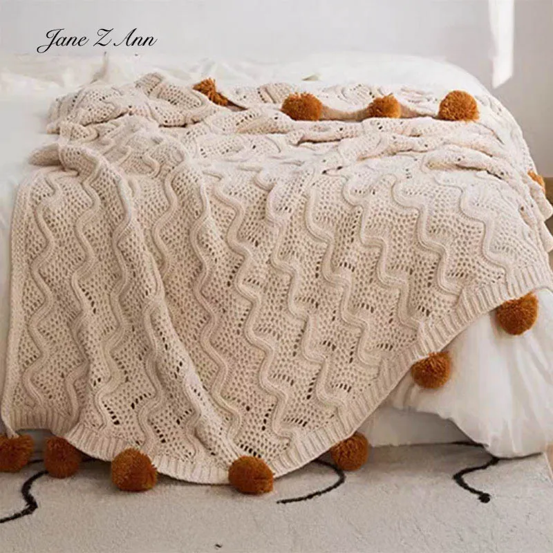 Couverture tricotée pour photographie de bébé plaid chic doux en polyester avec pompons design scandinave idéa