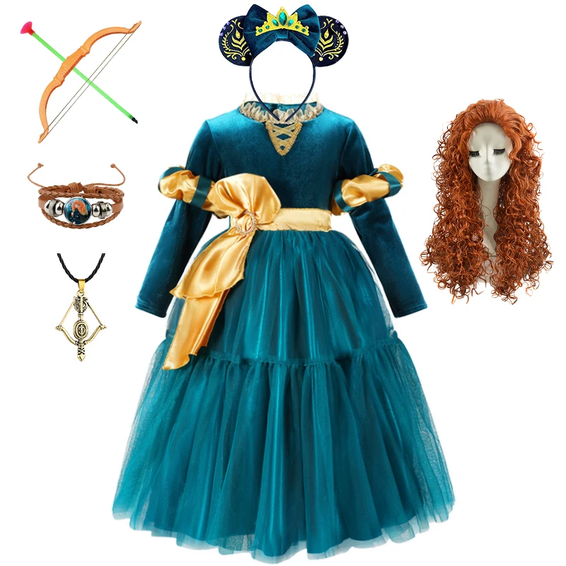 Costume de princesse Merida pour enfants robe longue en velours vert accessoires complets fête d'anniversaire 