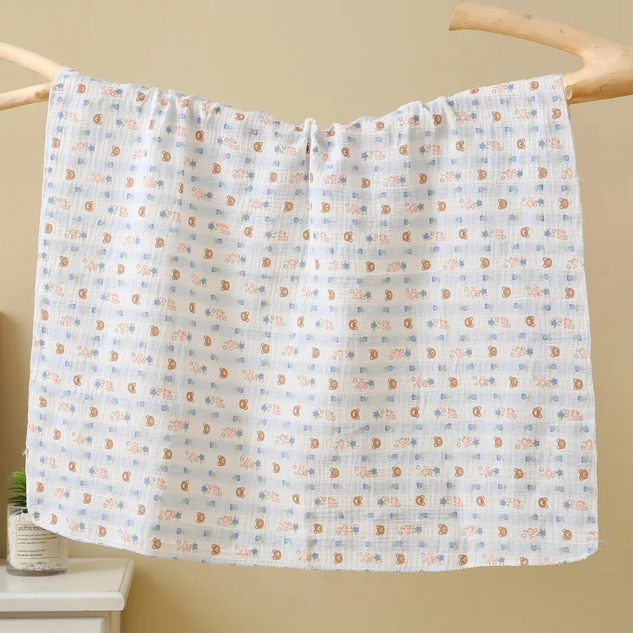 Couverture bébé en mousseline de coton motif ours et fleurs 80x80cm douceur respirante idéale pour emmailloter
