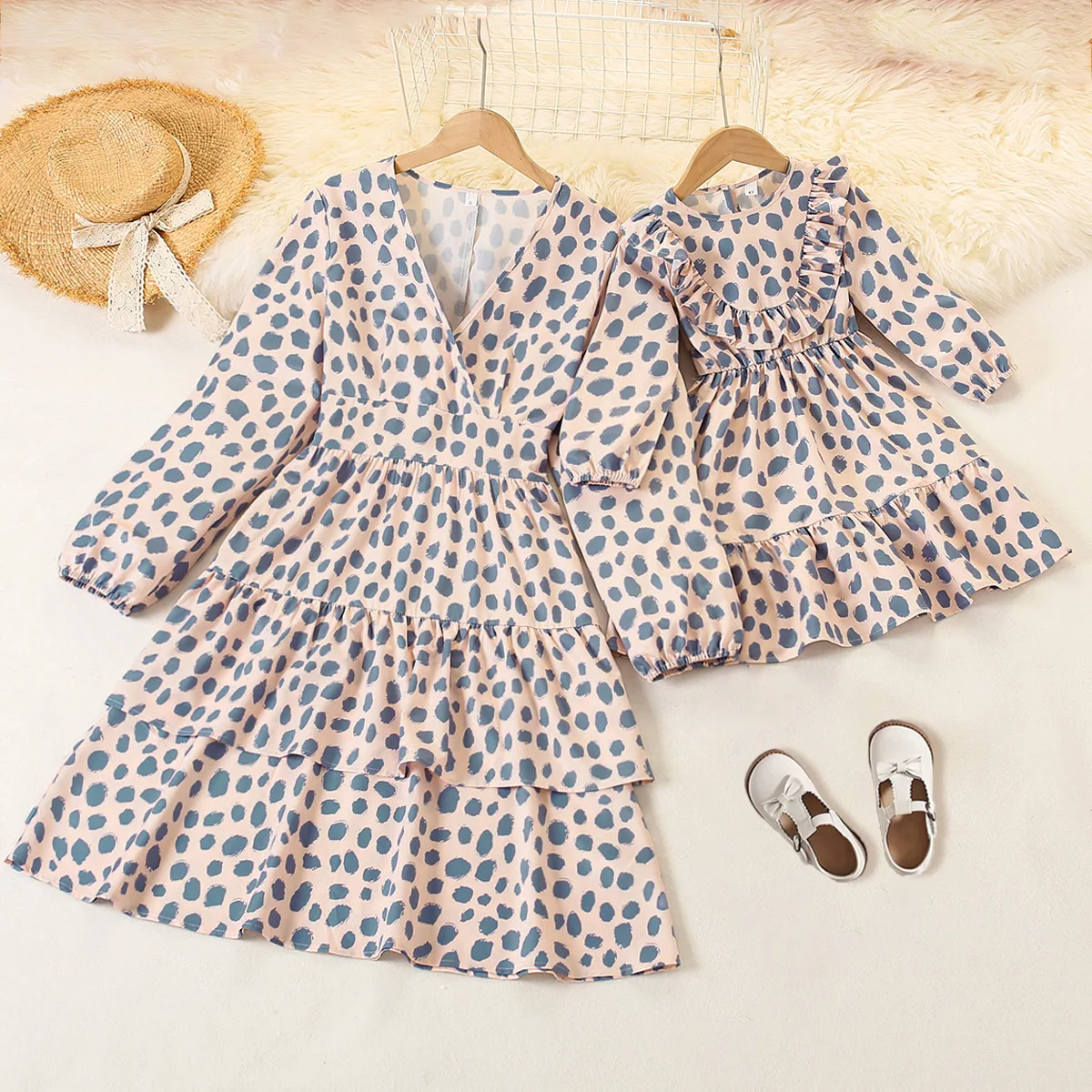 Ensemble robe mèrefille automne hiver manches longues motifs pois rose