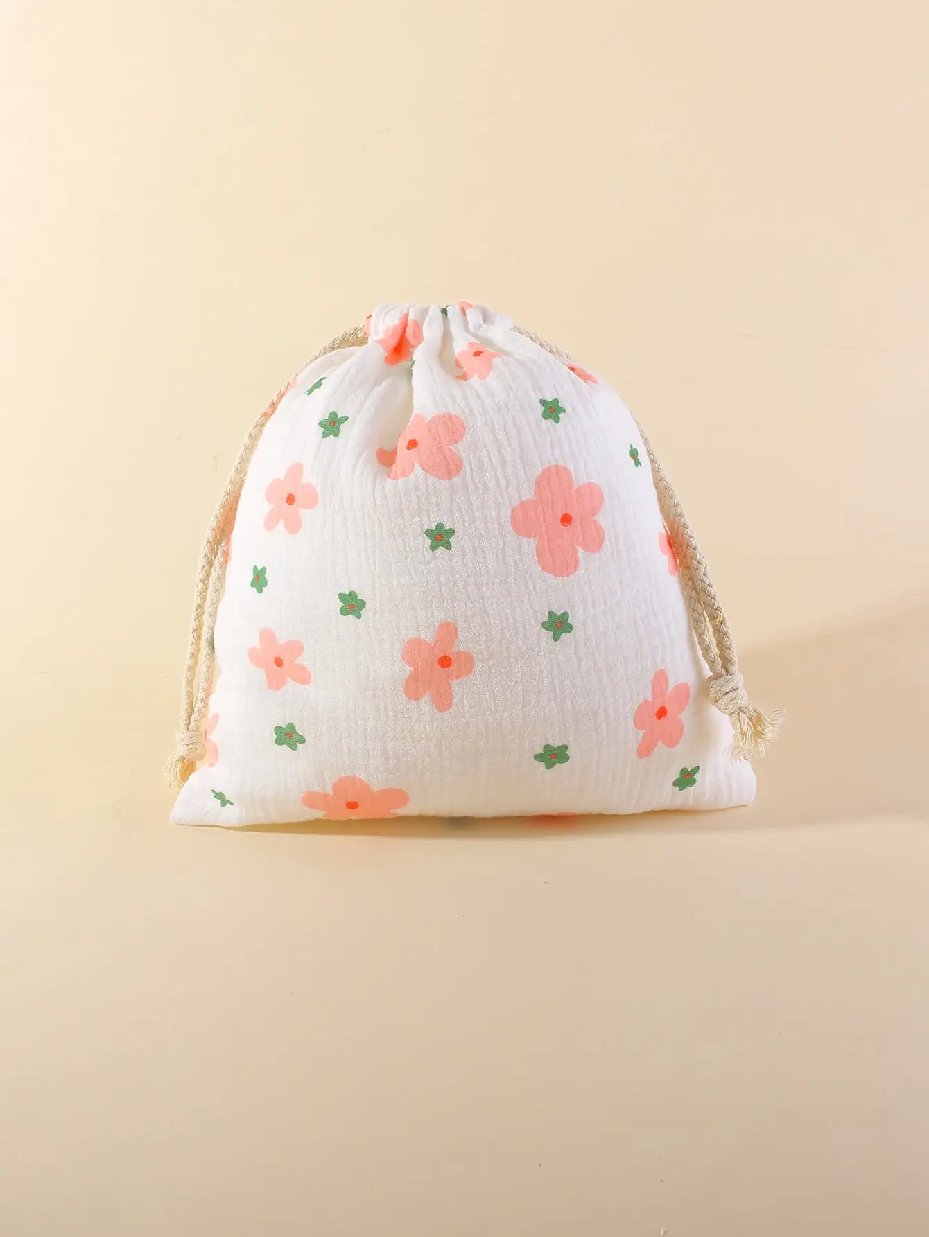 Sac à cordon en mousseline de coton design floral portable rangement polyvalent texture gaufrée idéal pour cos