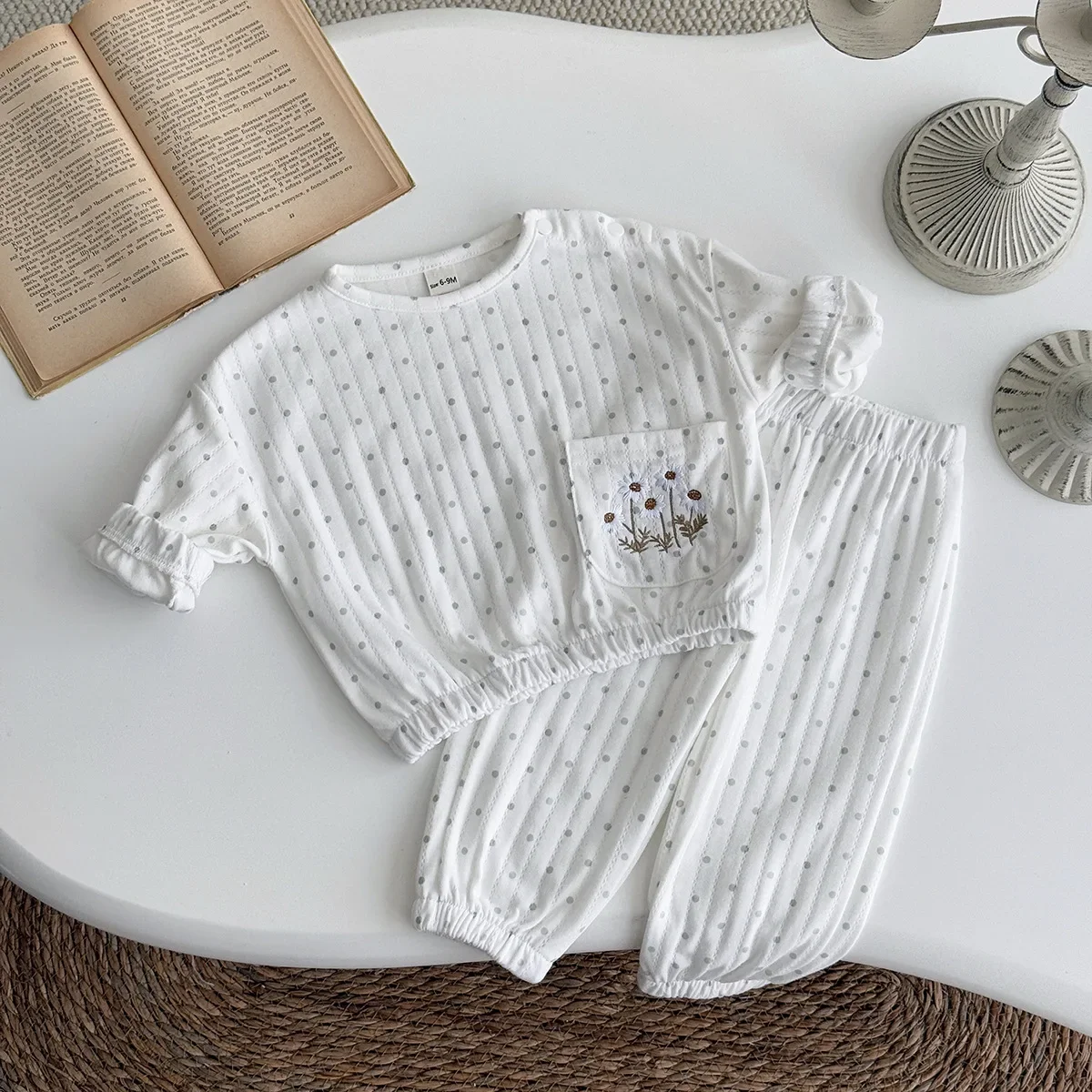 Vêtements bébé 03 ans ensemble 2 pièces polka dot haut crop et pantalon élastique coton doux tenue confortable