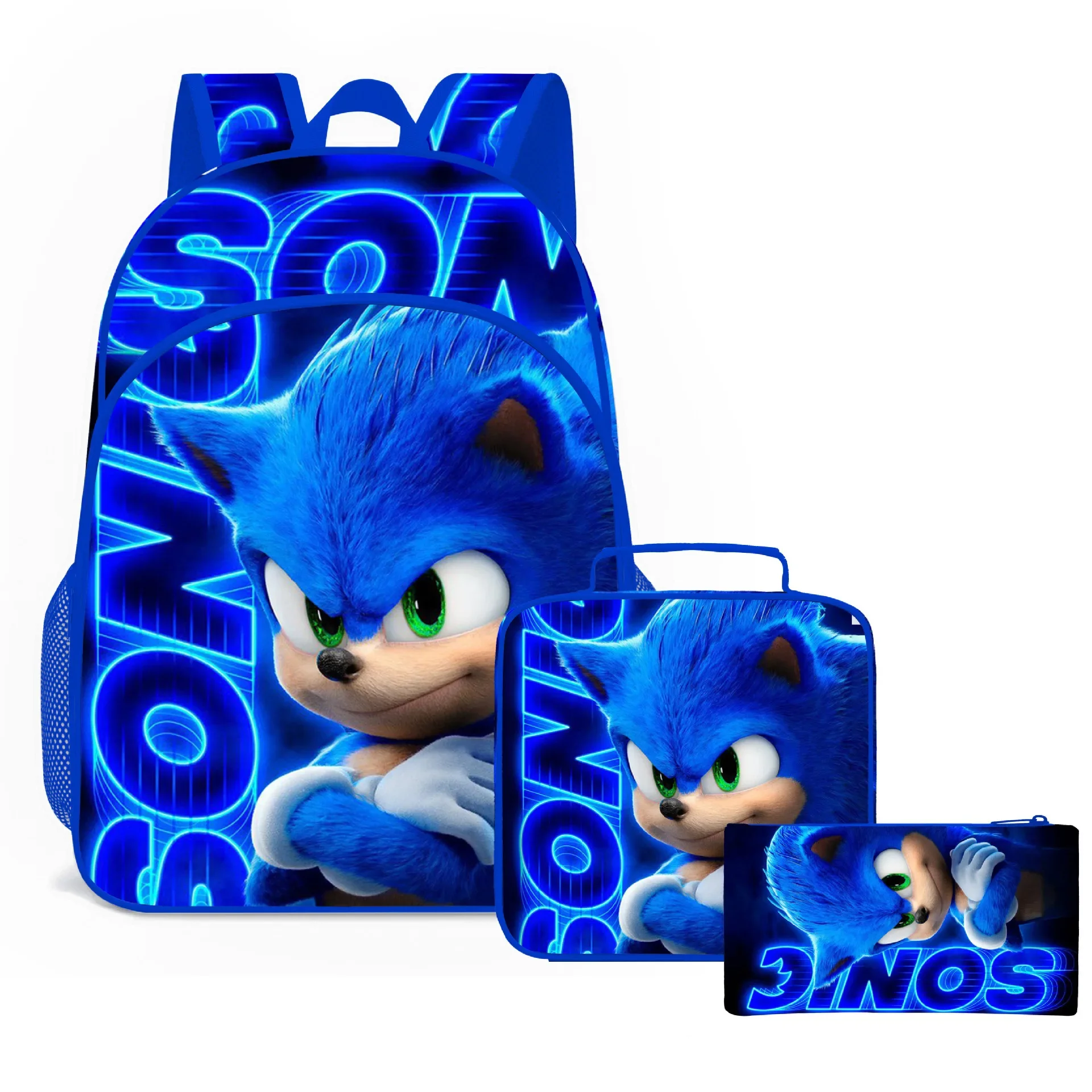 Sonic sac d'école sac à déjeuner trousse à crayons 3 pièces pour enfants garçons filles Usage quotidien Cadeau