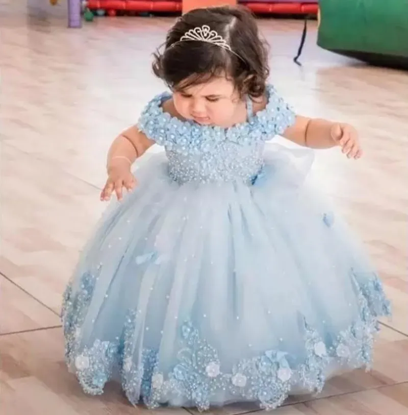 Robe bébé fille princesse épaules dénudées dentelle perles fleurs papillons robe de fête anniversaire communio