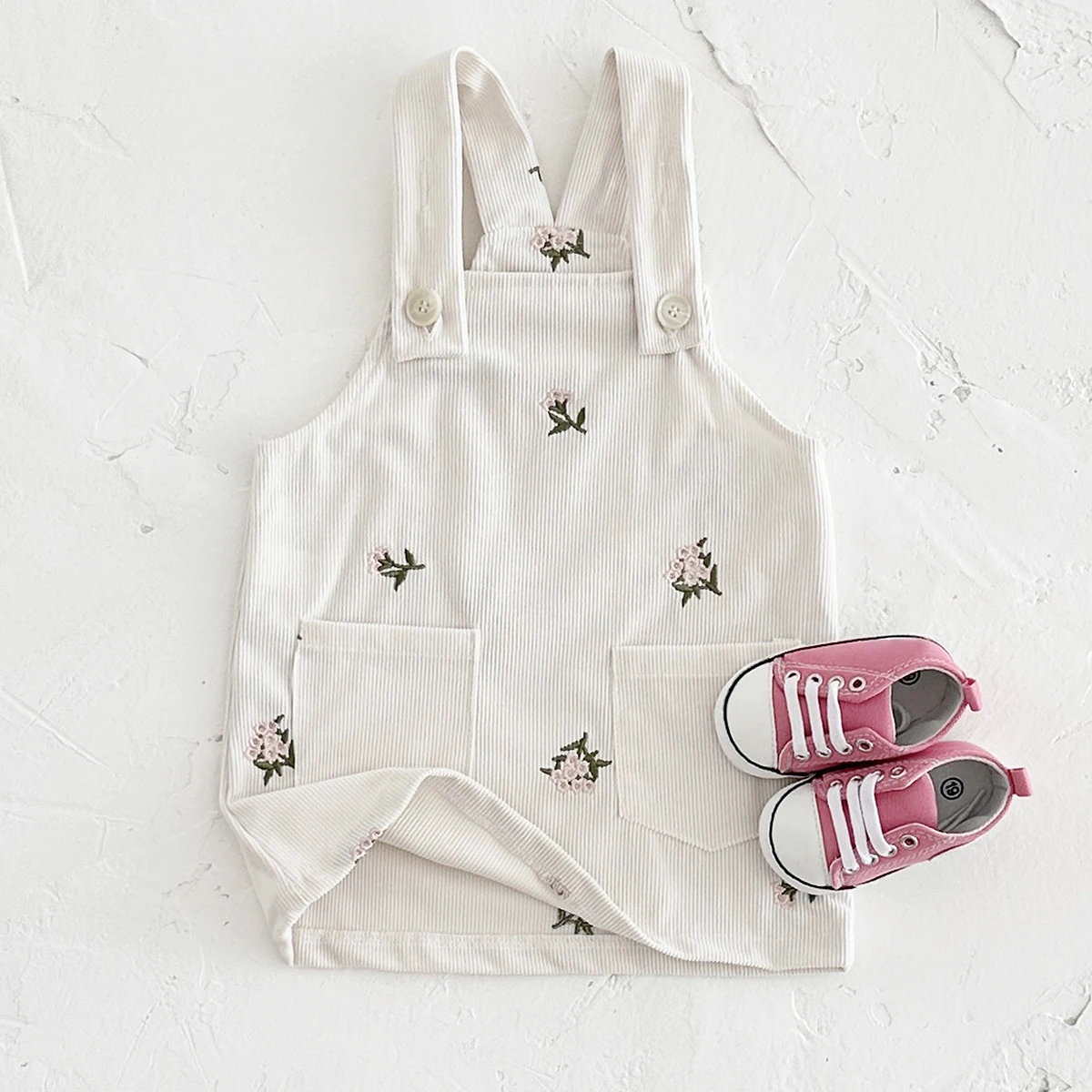 Romper suspenders bébé fille fleurs tissu côtelé poches boutons vêtements décontractés naissage 12 ans style m