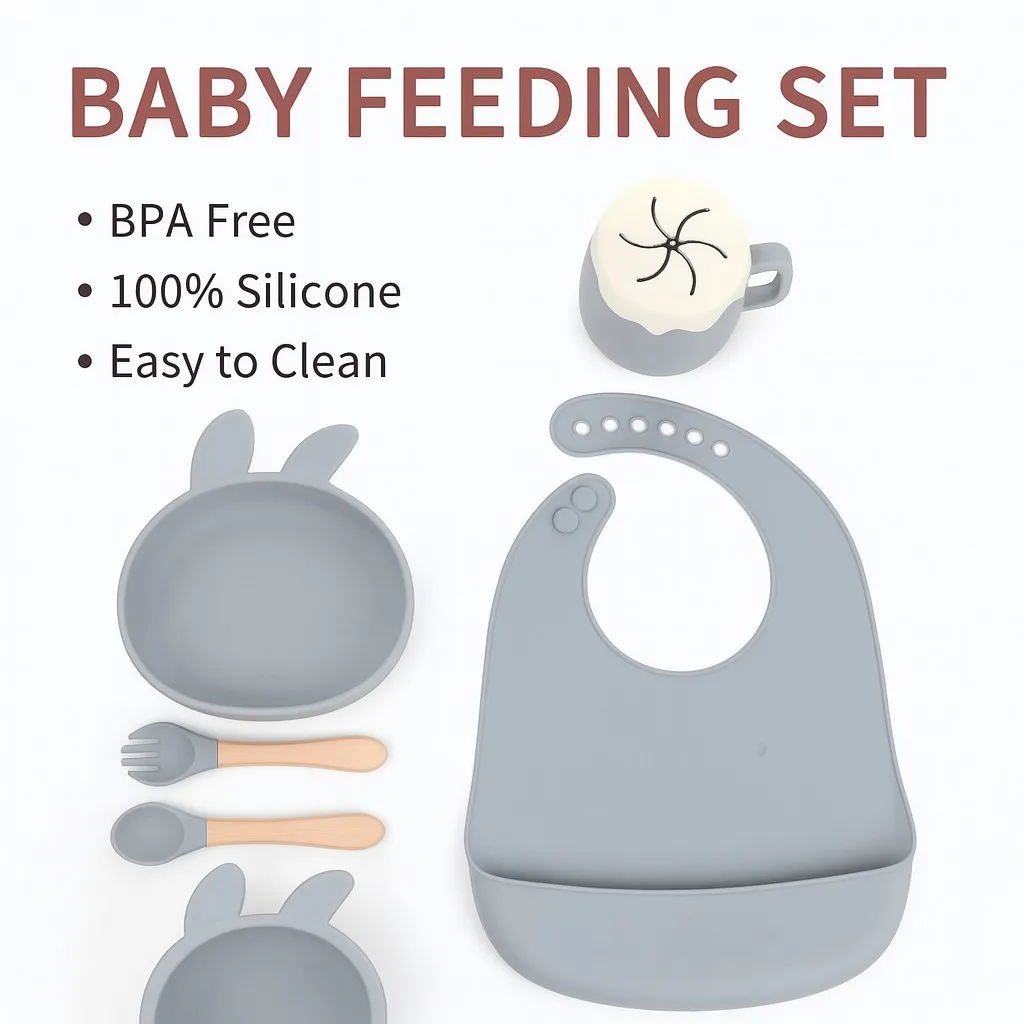 Ensemble vaisselle bébé silicone BPAfree bol bavoir couverts tasse accessoires repas enfants sans BPA design m