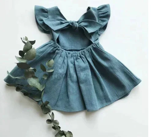 Robe d'été princesse manches volantes coton lin bébé fille occasion spéciale robe de fête royal blue