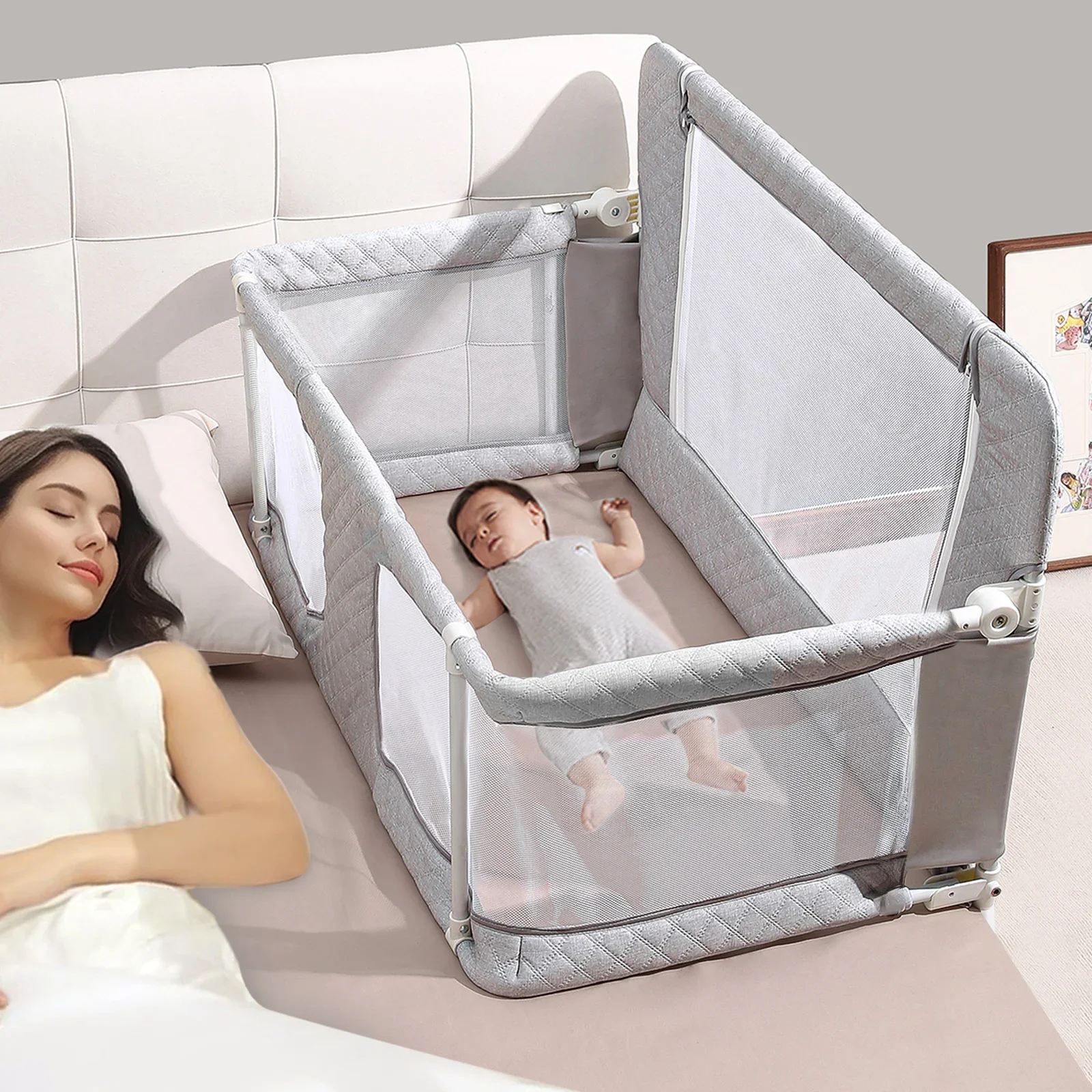 Lit de bébé portable pliable pour nouveauné Coté de chevet sécurisé avec filet transparent et structure métall