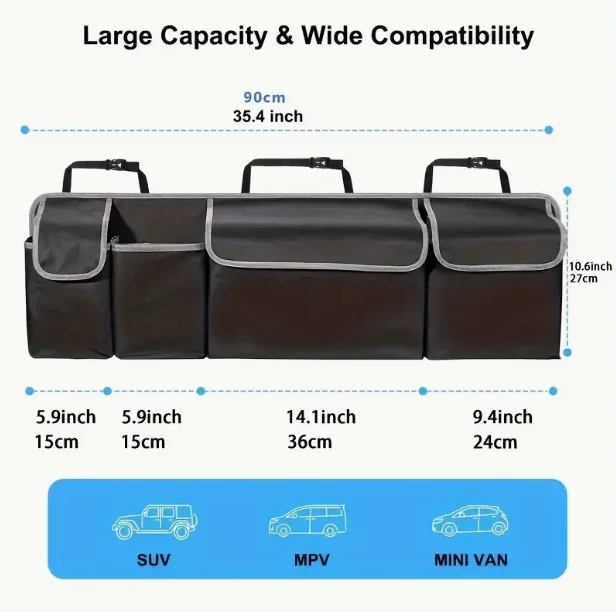 Organisateur de coffre voiture SUV MPV sac rangement durable compartiments spacieux noir moderne économie d'es