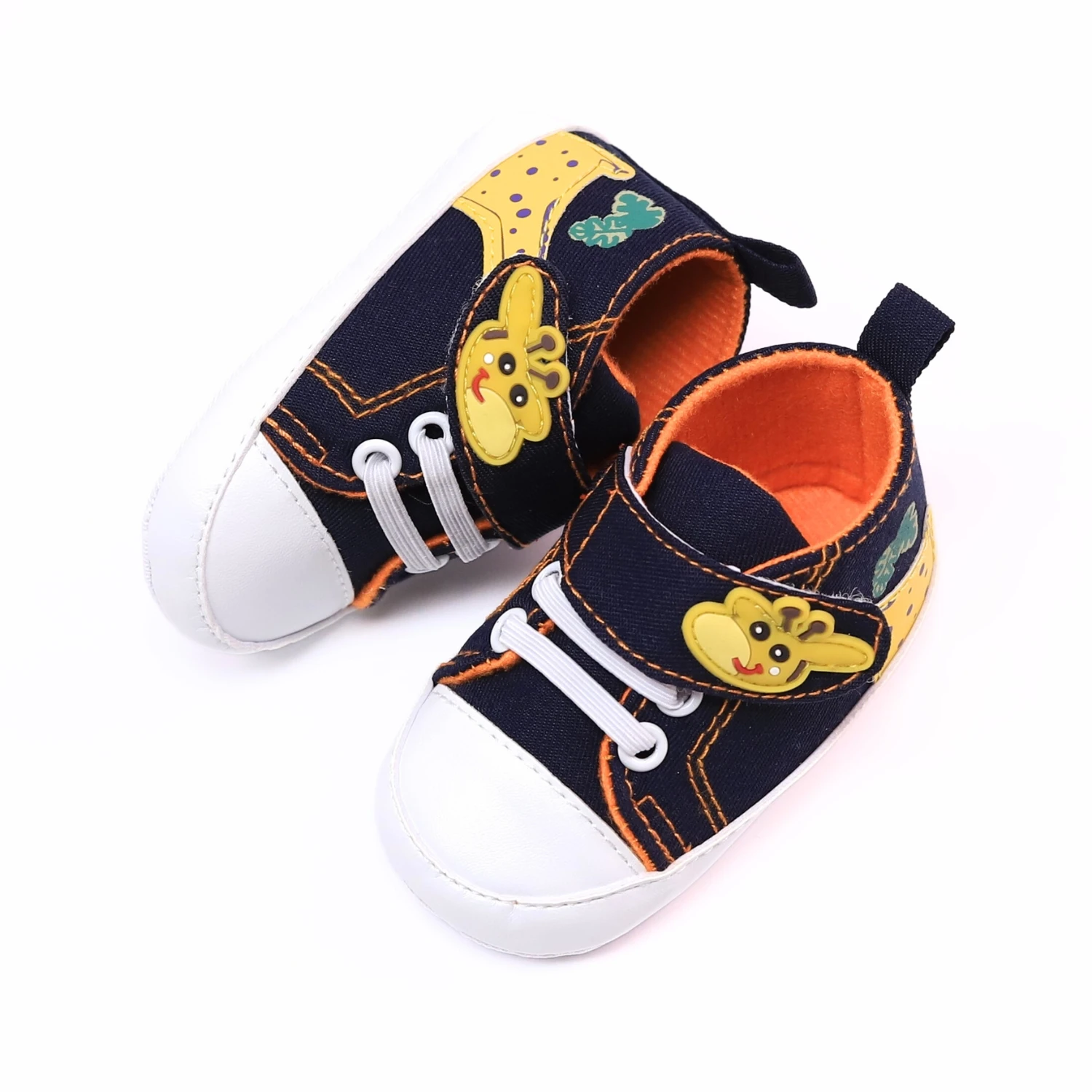 Baskets enfants garçons sneakers légères antidérapantes tige denim bleu motifs animaux velcro et lacets élasti