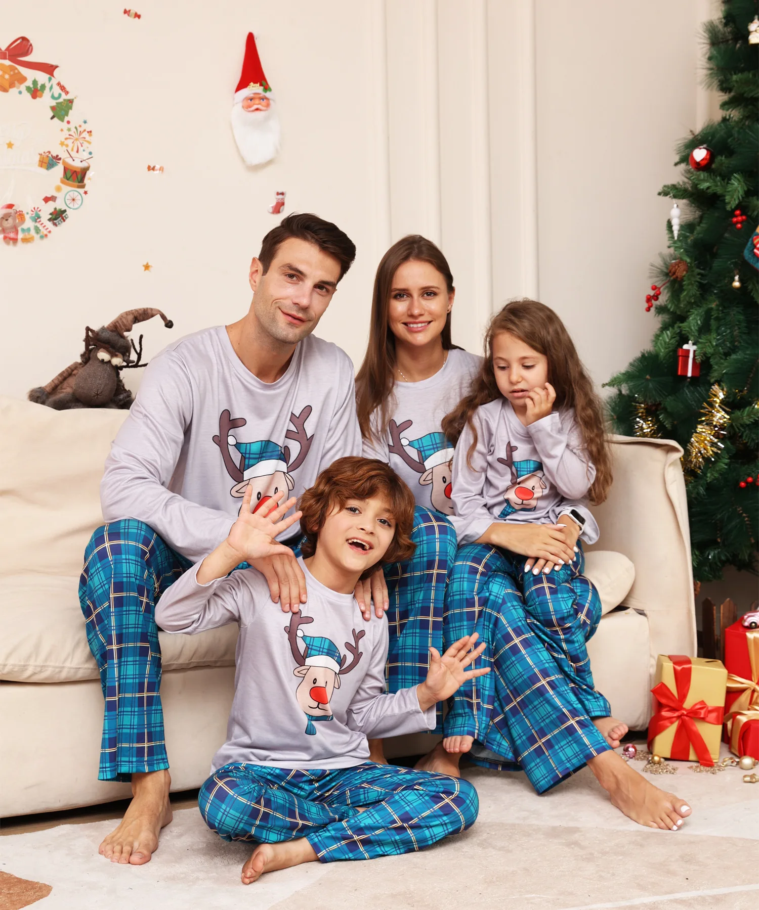 Ensemble pyjama Noel enfant 46 ans imprimé cerf fete famille matiere douce polyester coton