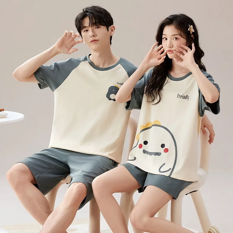 Pyjama été couple coton mignon style cartoon confortable vêtements nuit maison court élastique cosy