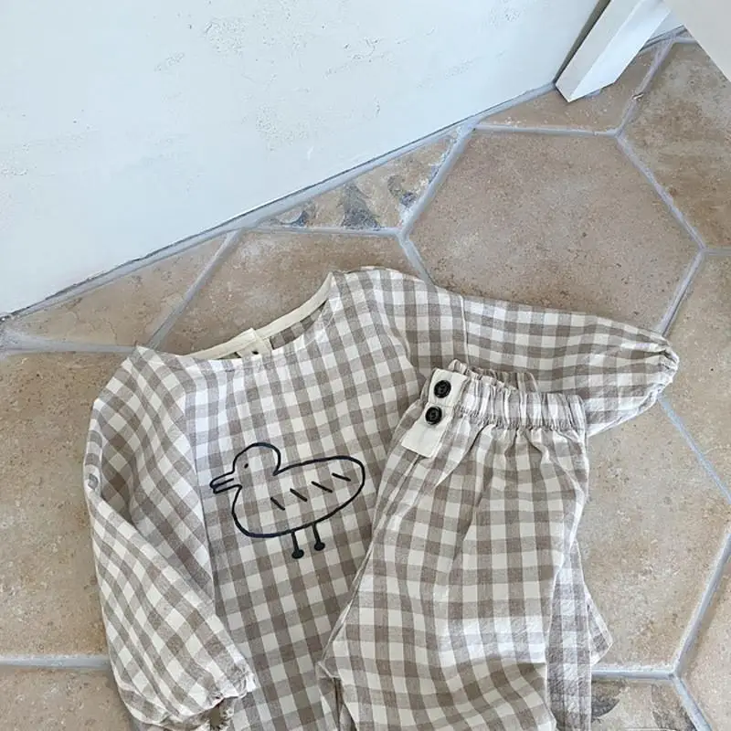 Ensemble vêtements bébé coton lin motif oiseau beige carreaux 2 pièces tenue confortable nouvelle collection 2