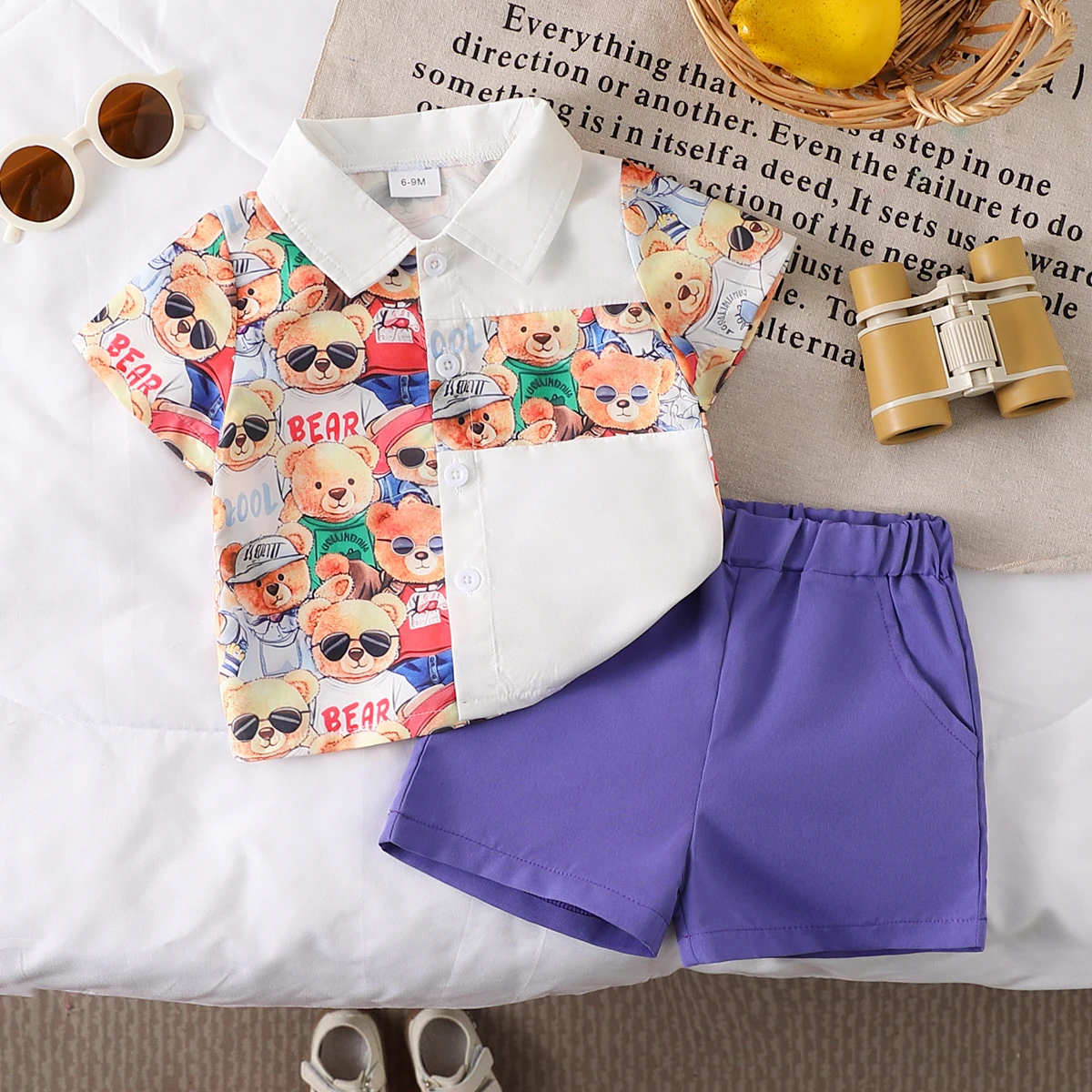 Ensemble 2 pièces bébé garçon motif ours en peluche chemise manches courtes et short violet style dessin animé