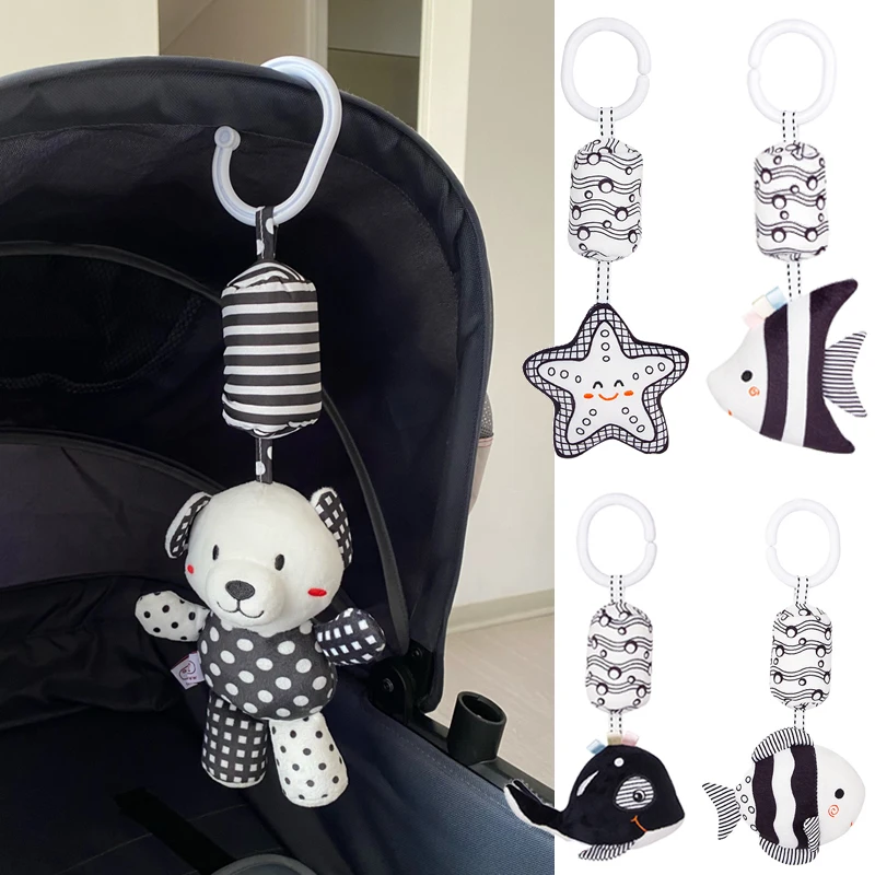 Hochet en peluche noir et blanc pour nouveauné jouet d'éveil suspendu pour poussette lit portage bébé 4 pièces