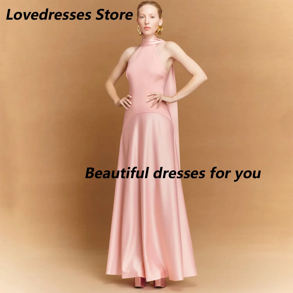 Robe de soirée rose pour fille col halter silhouette A longueur cheville satin polyester occasion formelle mar