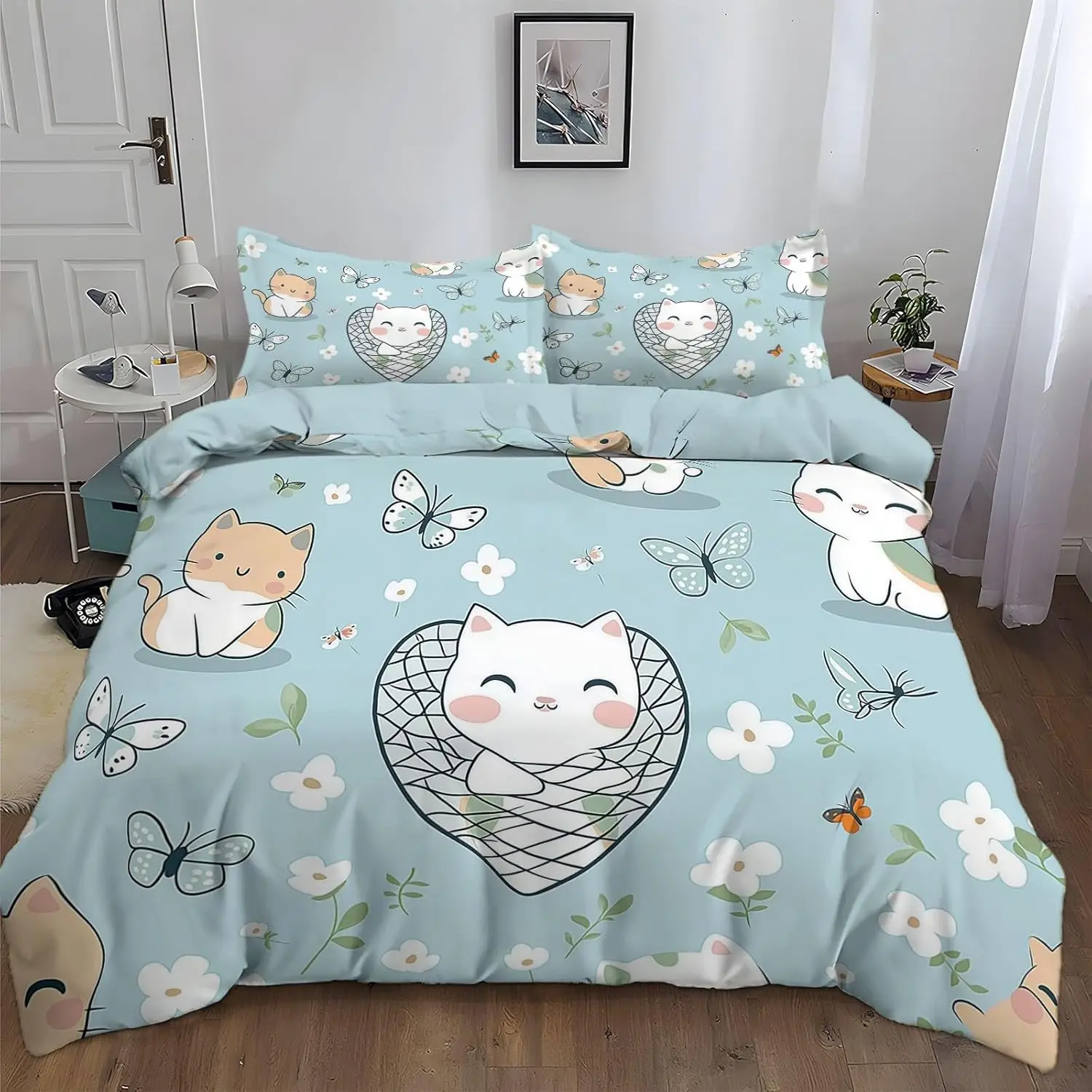 Ensemble housse de couette chat mignon 2 pièces pour chambre enfant literie moderne design animal floral doux